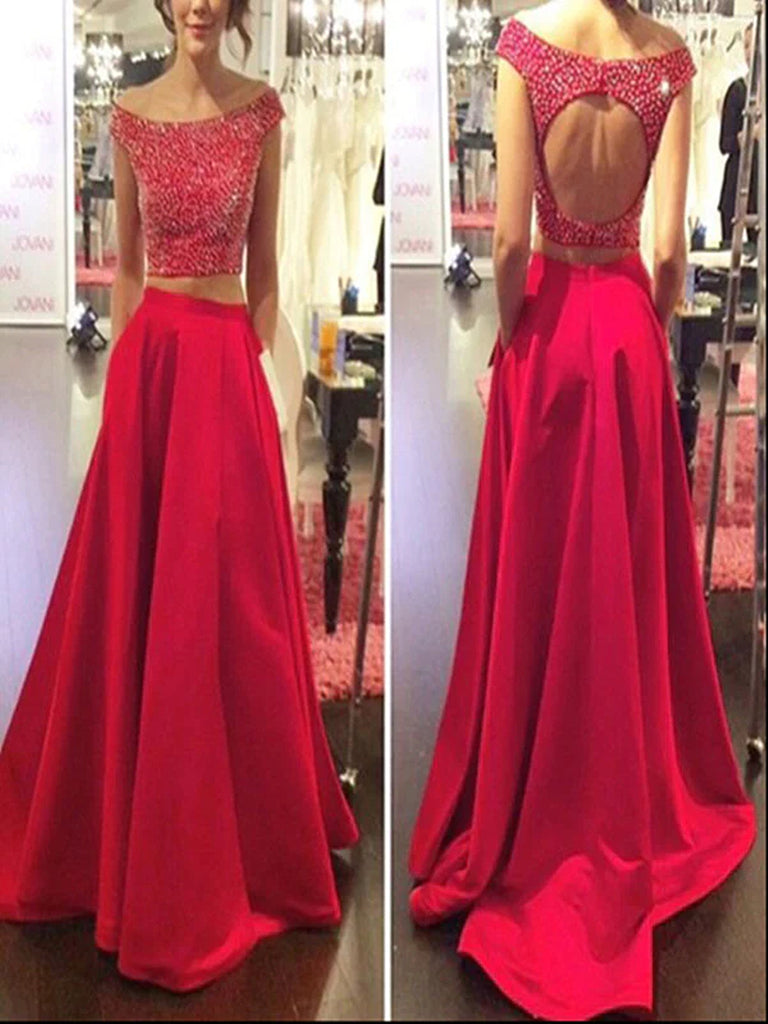 A Line Round Neck Cap Sleeves 2 Pieces Red Prom Dress, 2 Pieces Red Fo ...