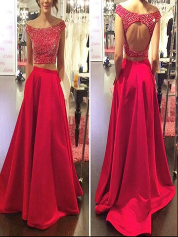 A Line Round Neck Cap Sleeves 2 Pieces Red Prom Dress, 2 Pieces Red Formal Dress