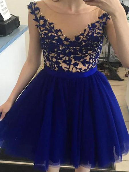 A Line Round Neck Cap Sleeves Lace Short Royal Blue Prom Dress, Short Royal Blue Homecoming Dress, Graduation Dress, Bridesmaid Dress