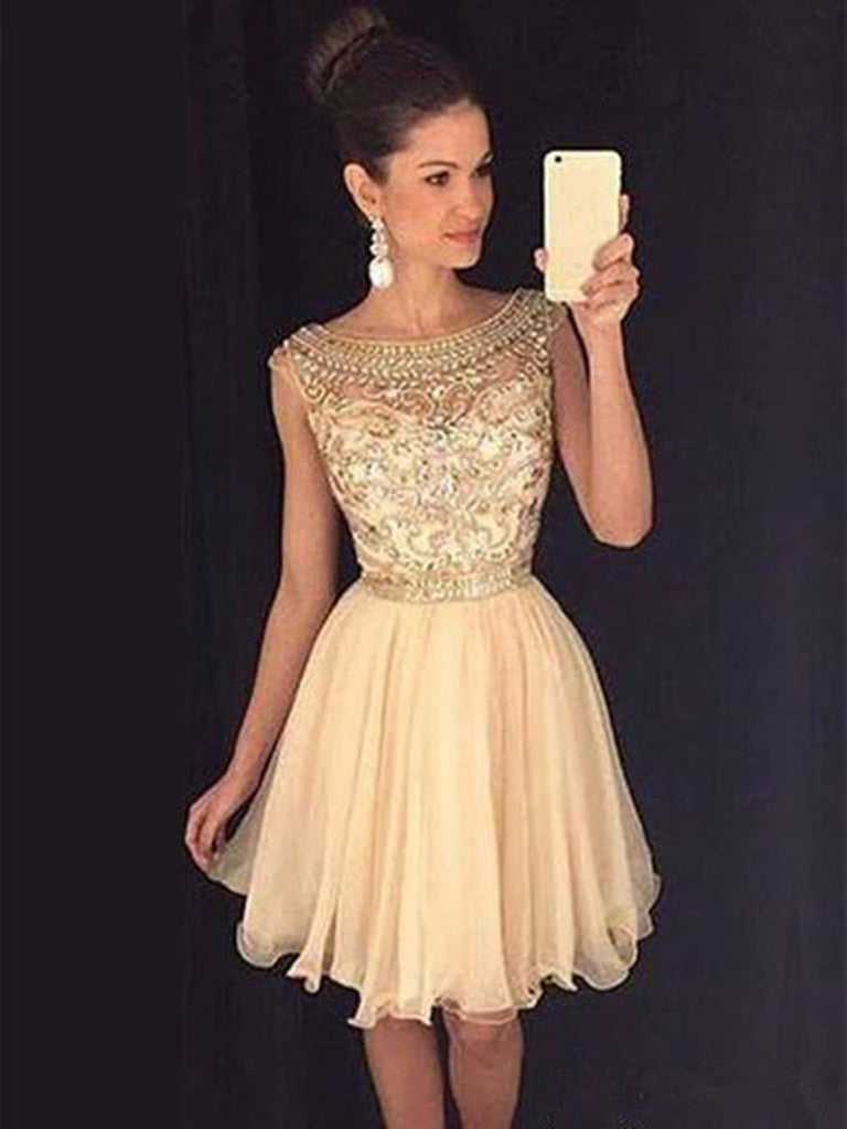 A Line Round Neck Cap Sleeves Short Champagne Prom Dress, Short Champagne Homecoming Dress, Graduation Dress