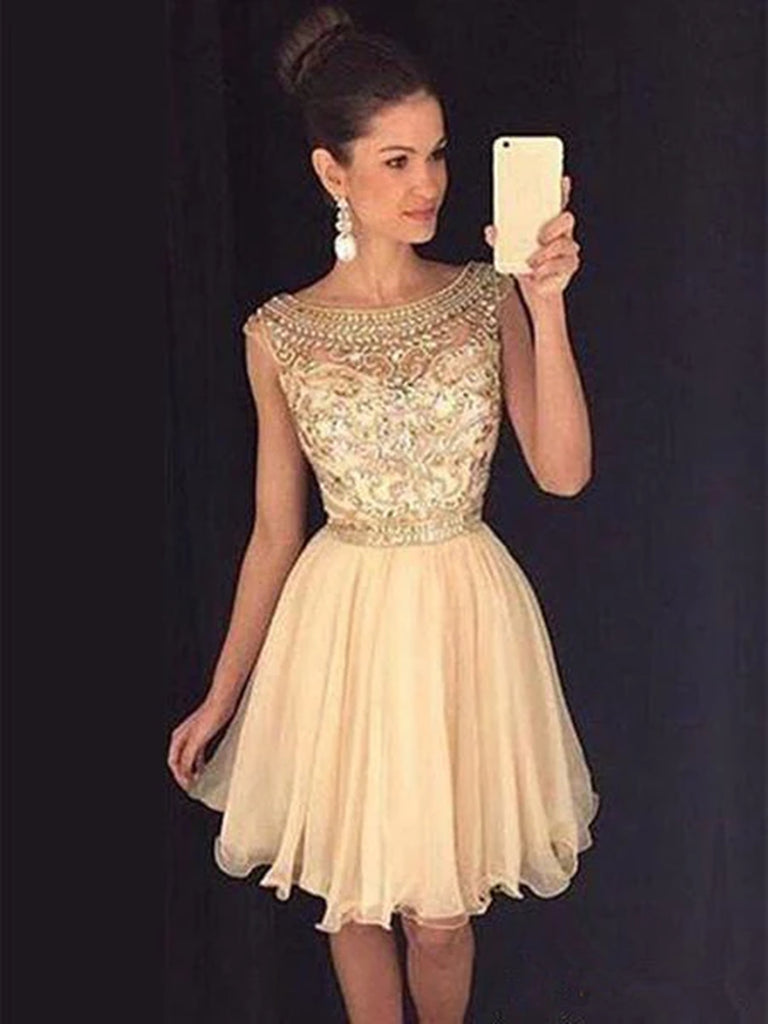A Line Round Neck Cap Sleeves Short Champagne Prom Dress, Short Champa jbydress A Line Round Neck Cap Sleeves Short Champagne Prom Dress, Short Champa jbydress