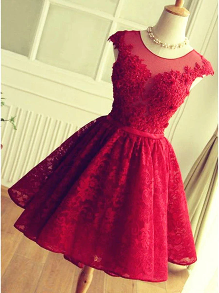 A Line Round Neck Short Burgundy Lace Prom Dresses, Short Lace Formal jbydress A Line Round Neck Short Burgundy Lace Prom Dresses, Short Lace Formal jbydress