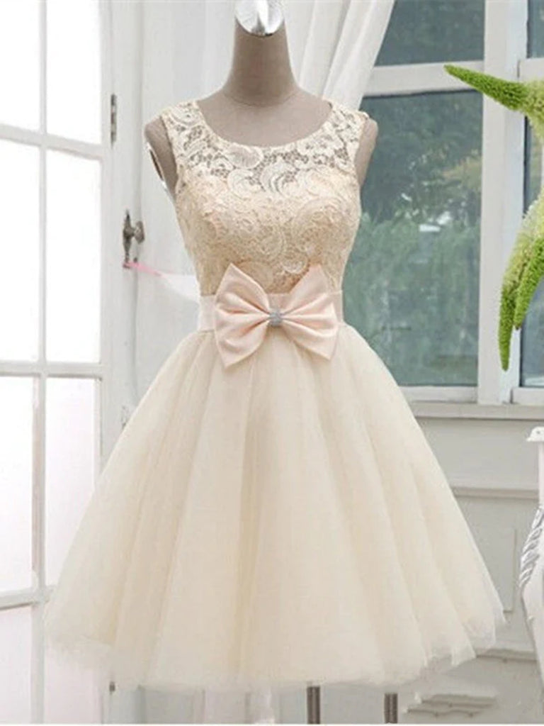 A Line Round Neck Short Ivory Lace Prom Dress, Short Champagne Lace Br jbydress A Line Round Neck Short Ivory Lace Prom Dress, Short Champagne Lace Br jbydress
