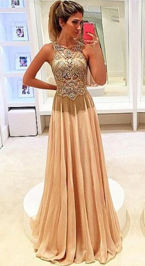 A Line Round Neck Sleeveless Beading Champagne Prom Dress with Sweep T jbydress A Line Round Neck Sleeveless Beading Champagne Prom Dress with Sweep T jbydress