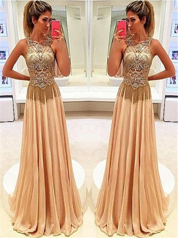 A Line Round Neck Sleeveless Beading Champagne Prom Dress with Sweep Train, Sweep Train Beaded Formal Dress