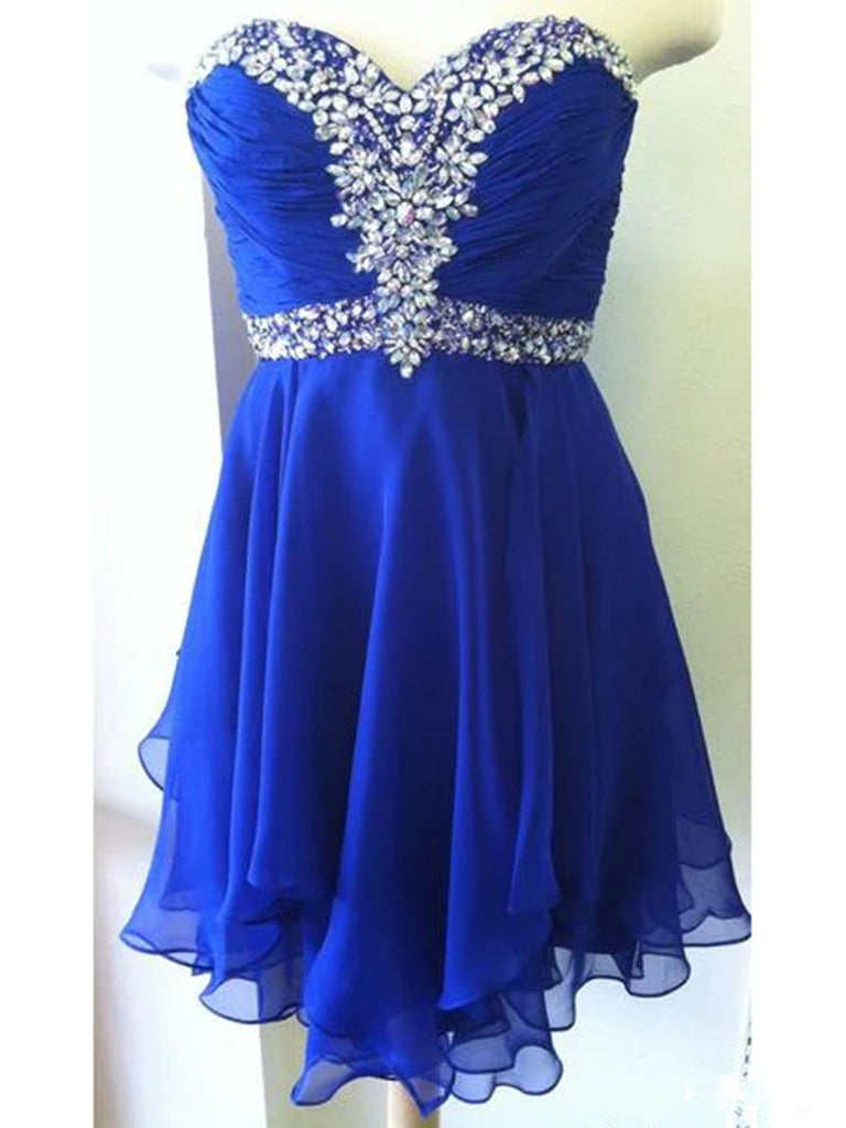 A Line Sweetheart Neck Short Royal Blue Prom Dresses, Short Royal Blue