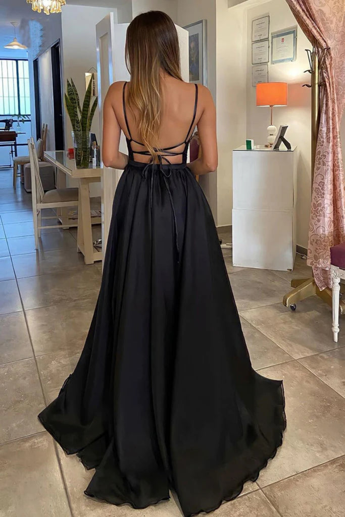 A Line V Neck Backless Black Sequins Long Prom Dresses with High Slit, jbydress A Line V Neck Backless Black Sequins Long Prom Dresses with High Slit, jbydress