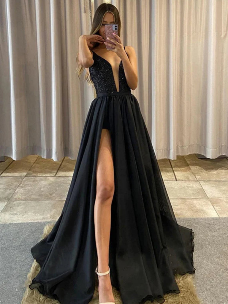 A Line V Neck Backless Black Sequins Long Prom Dresses with High Slit, jbydress A Line V Neck Backless Black Sequins Long Prom Dresses with High Slit, jbydress