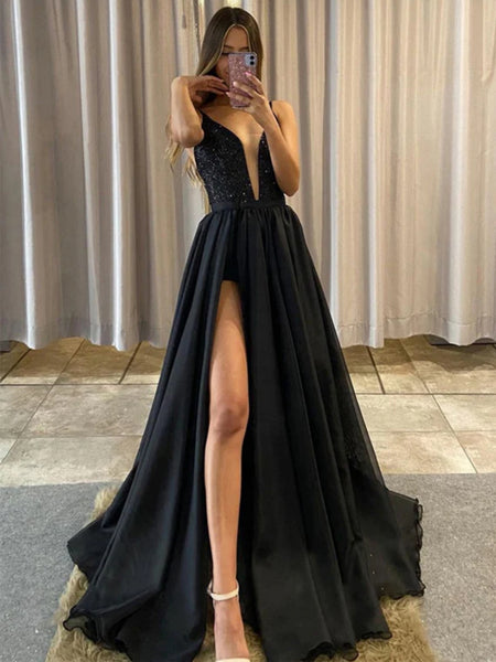 A Line V Neck Backless Black Sequins Long Prom Dresses with High Slit, Long Black Formal Graduation Evening Dresses