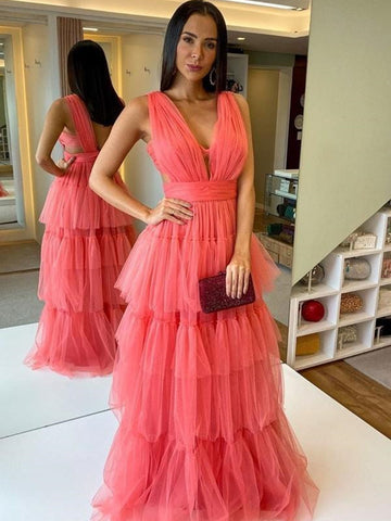 A Line V Neck Backless Coral Tulle Prom Dresses, Coral Tulle Backless Formal Evening Dresses