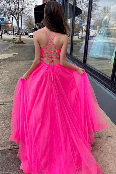 A Line V Neck Backless Hot Pink Prom Dresses, Open Back Hot Pink Long Formal Evening Dresses