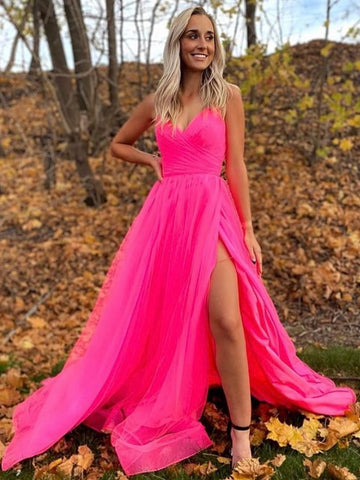 A Line V Neck Backless Hot Pink Prom Dresses, Open Back Hot Pink Long Formal Evening Dresses
