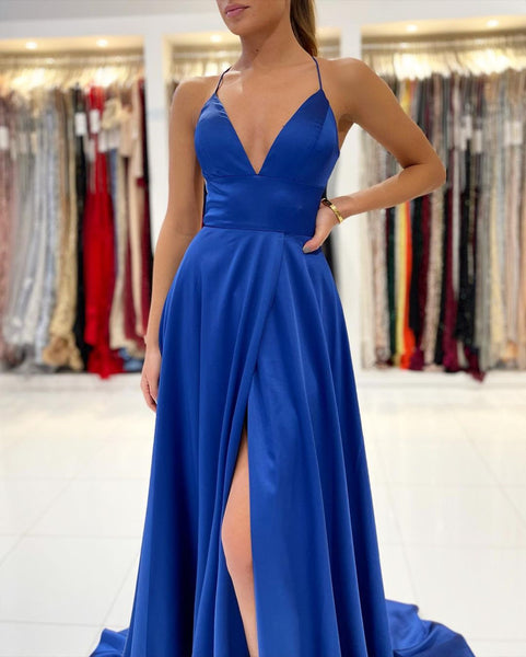 A Line V Neck Backless Royal Blue Long Prom Dresses, Open Back Royal Blue Long Formal Evening Dresses
