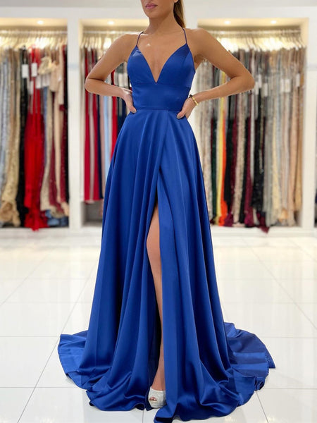 A Line V Neck Backless Royal Blue Long Prom Dresses, Open Back Royal Blue Long Formal Evening Dresses