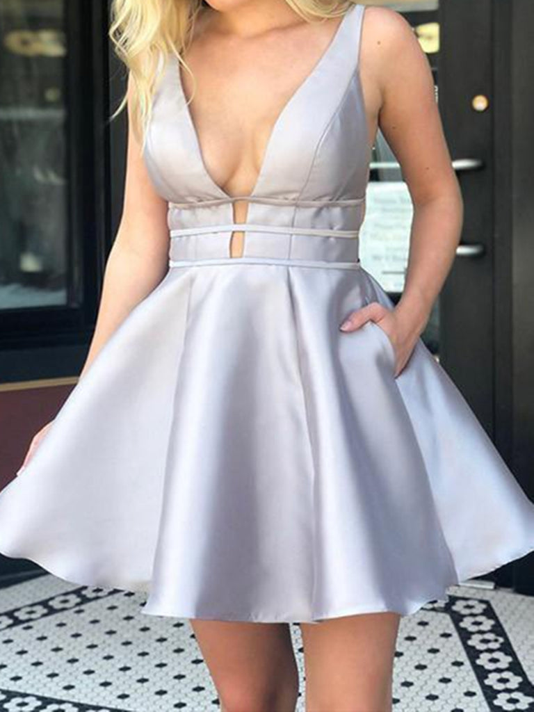 A Line V Neck Backless Short Prom Dresses, Open Back Short Silver Grad – jbydress A Line V Neck Backless Short Prom Dresses, Open Back Short Silver Grad – jbydress