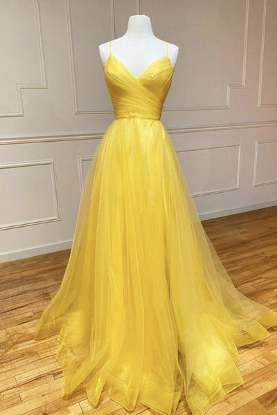 A Line V Neck Backless Yellow Long Prom Dresses, Open Back Yellow Long Formal Evening Dresses