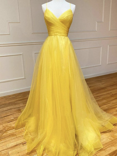 A Line V Neck Backless Yellow Long Prom Dresses, Open Back Yellow Long Formal Evening Dresses