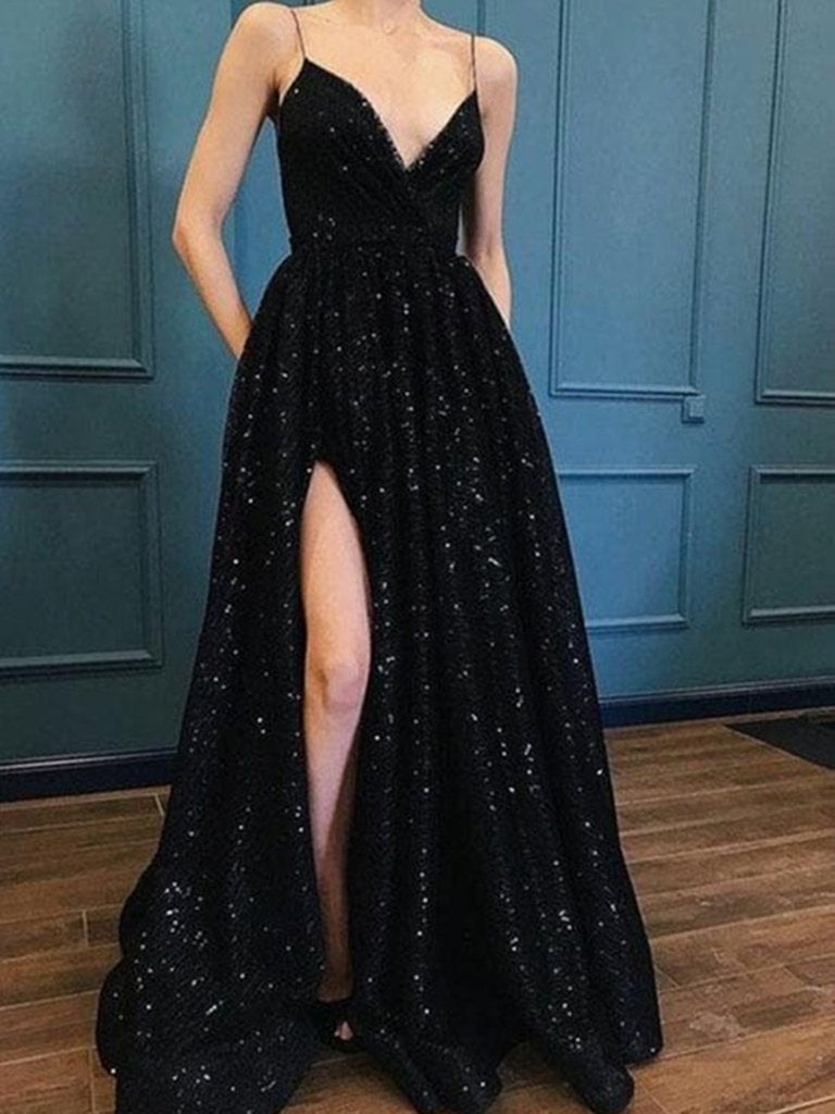 A Line V Neck Black Lace Long Prom Dress, Black Long Lace Formal Evening Dresses