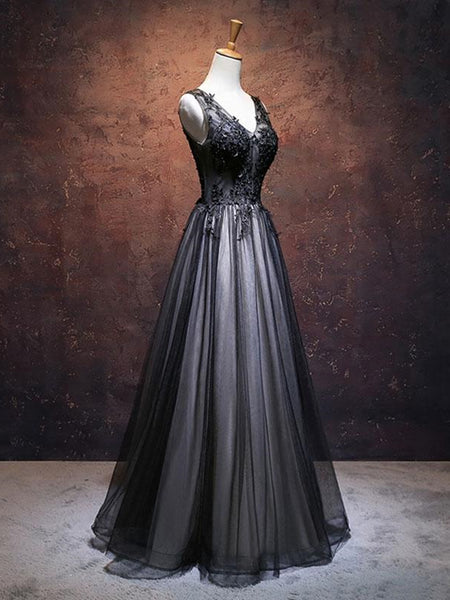 A Line V Neck Black Lace Prom Dresses, Black V Neck Lace Formal Evening Dresses 3