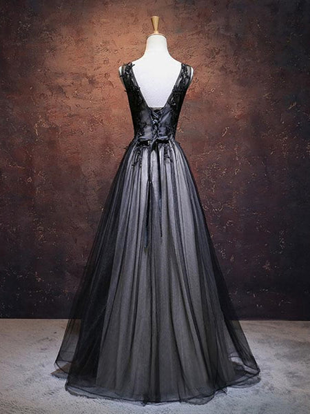 A Line V Neck Black Lace Prom Dresses, Black V Neck Lace Formal Evening Dresses 2