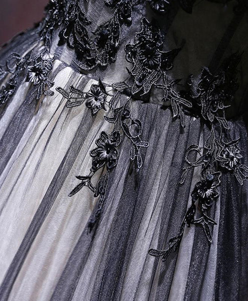 A Line V Neck Black Lace Prom Dresses, Black V Neck Lace Formal Evening Dresses