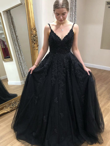 A Line V Neck Black Satin Prom Dress LBQ2554 main image 1