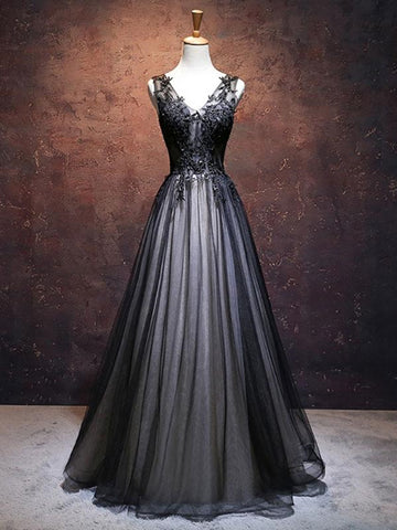 A Line V Neck Black Lace Prom Dresses, Black V Neck Lace Formal Evening Dresses