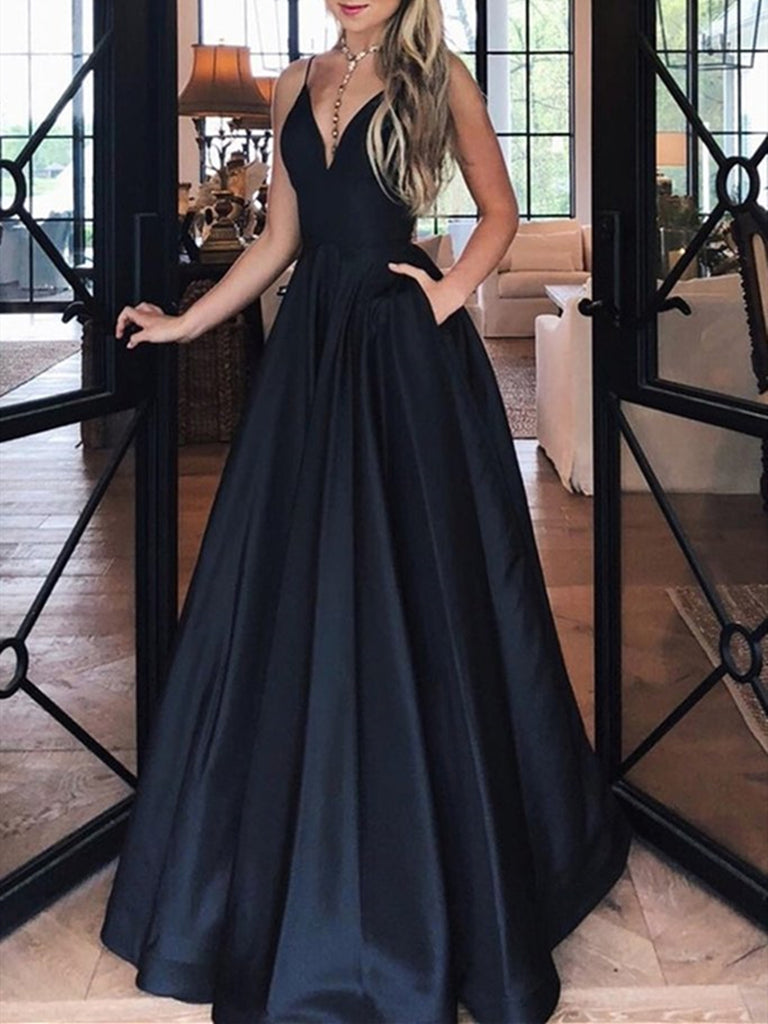A Line V Neck Black Long Satin Prom Dresses, Black Satin Formal Evenin jbydress A Line V Neck Black Long Satin Prom Dresses, Black Satin Formal Evenin jbydress