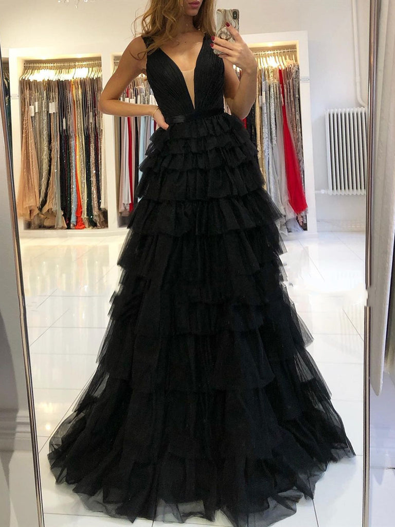 A Line V Neck Black Red Tulle Long Prom Dresses, Black Red Long Formal jbydress A Line V Neck Black Red Tulle Long Prom Dresses, Black Red Long Formal jbydress