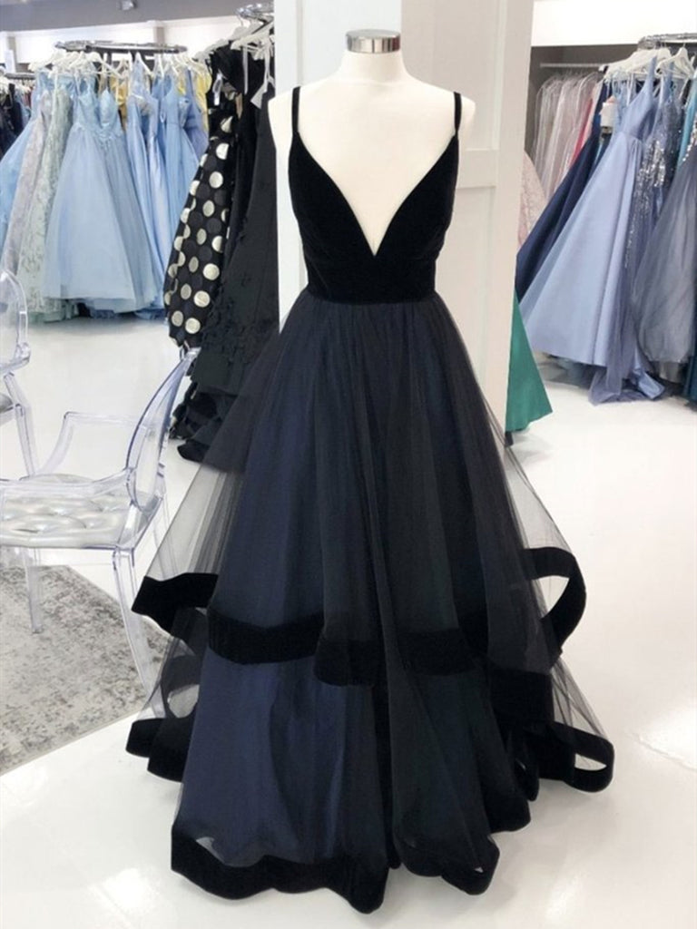 A Line V Neck Black Tulle Long Prom Dresses, Black Long Formal Evening Dresses