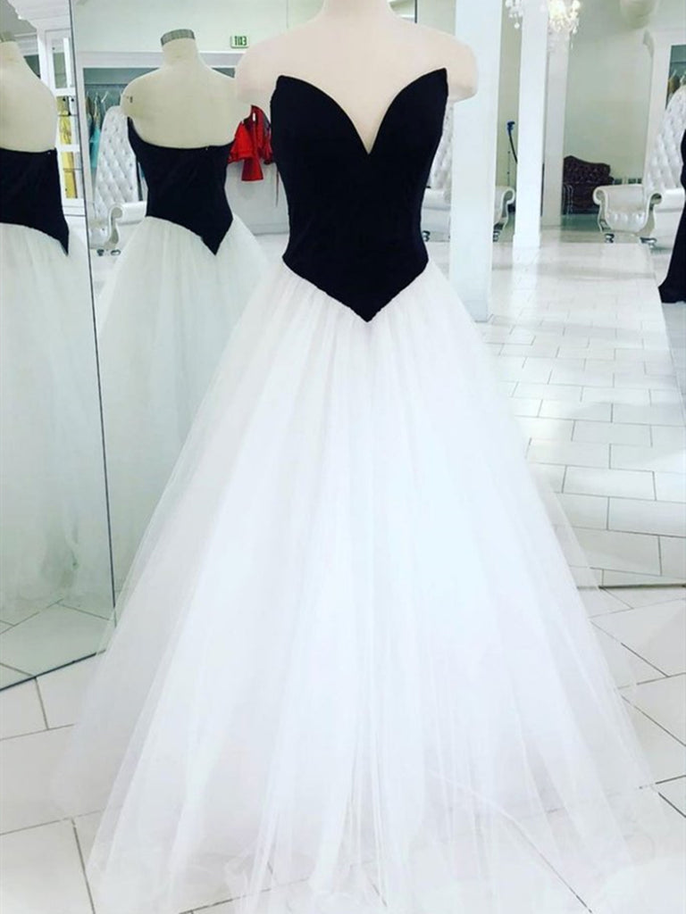 A Line V Neck Black White Prom Dresses, White Black Long Formal Evenin jbydress A Line V Neck Black White Prom Dresses, White Black Long Formal Evenin jbydress