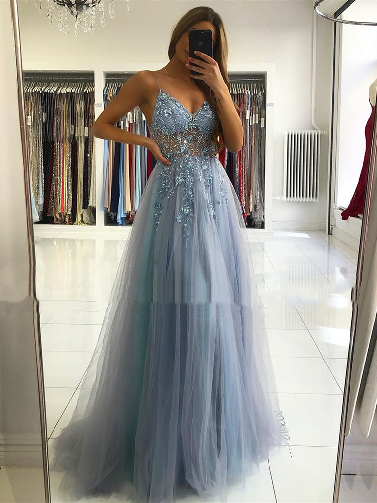 A Line V Neck Blue-Gray Long Prom Dresses, Blue-Gray Beaded Long Forma jbydress A Line V Neck Blue-Gray Long Prom Dresses, Blue-Gray Beaded Long Forma jbydress