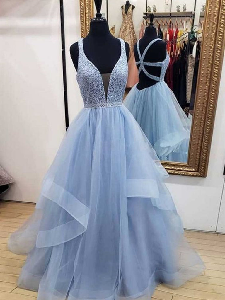 A Line V Neck Blue Lace Prom Gown, Light Blue Lace Formal Evening Dresses