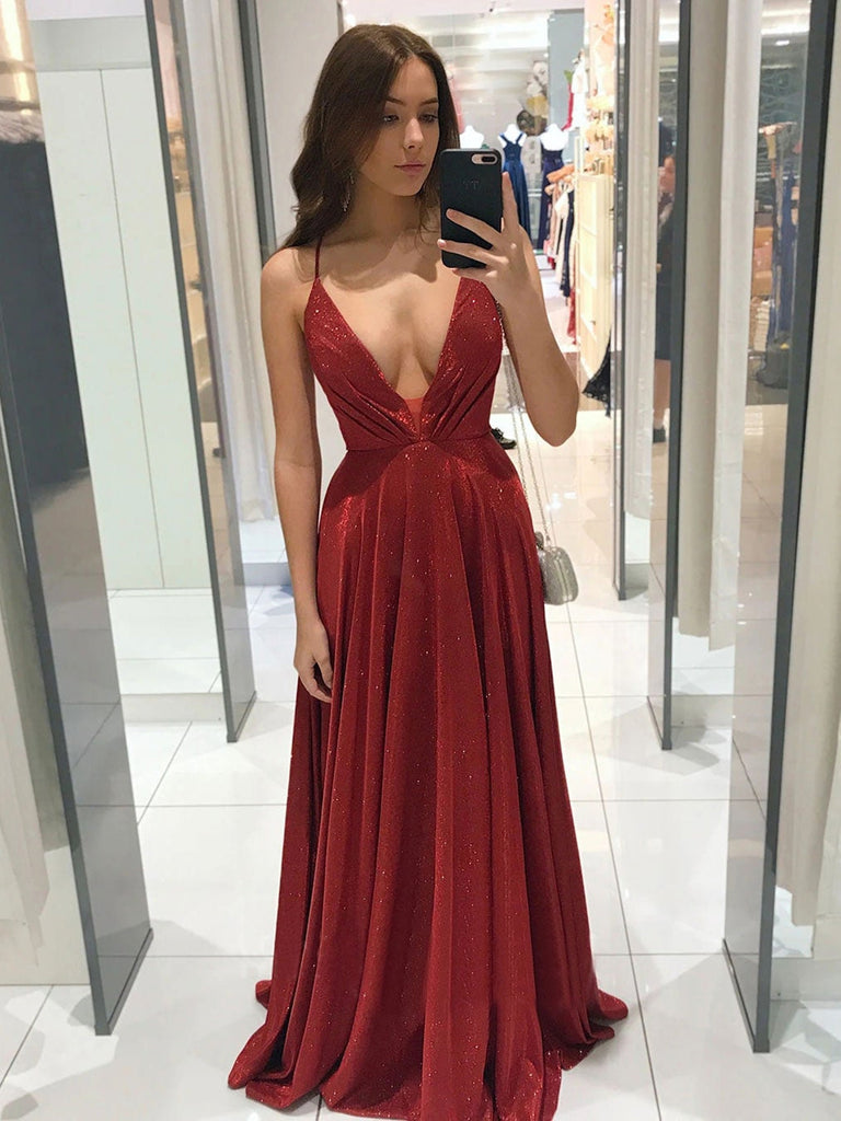 A Line V Neck Burgundy Blue Champagne Long Prom Dresses, V Neck Wine R – jbydress