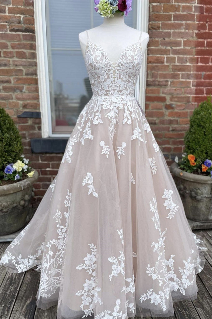 A Line V Neck Champagne Lace Prom Dresses, Champagne Lace Formal Eveni jbydress A Line V Neck Champagne Lace Prom Dresses, Champagne Lace Formal Eveni jbydress