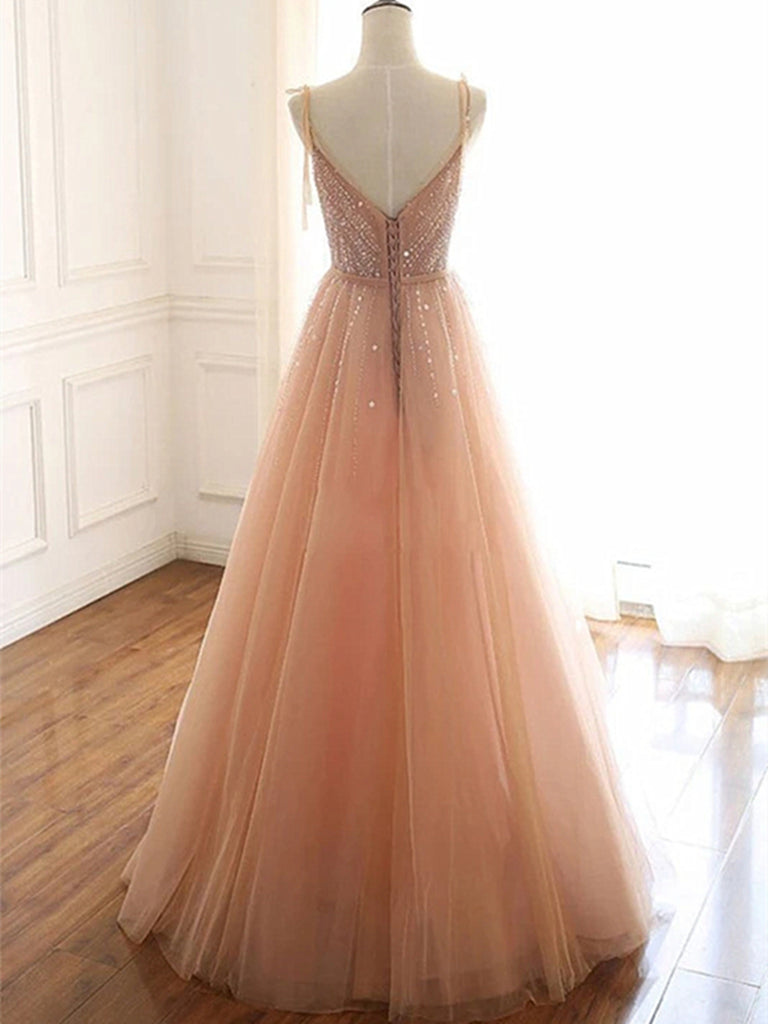 A Line V Neck Champagne Tulle Long Prom Dresses, Champagne Tulle Long jbydress A Line V Neck Champagne Tulle Long Prom Dresses, Champagne Tulle Long jbydress