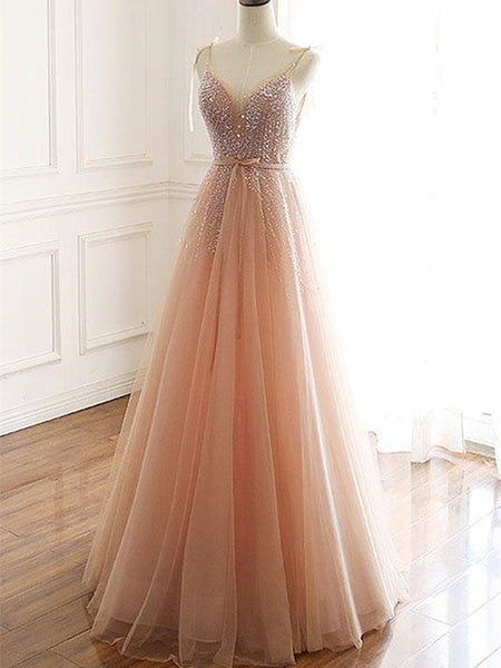 A Line V Neck Champagne Tulle Long Prom Dresses, Champagne Tulle Long Formal Evening Dresses