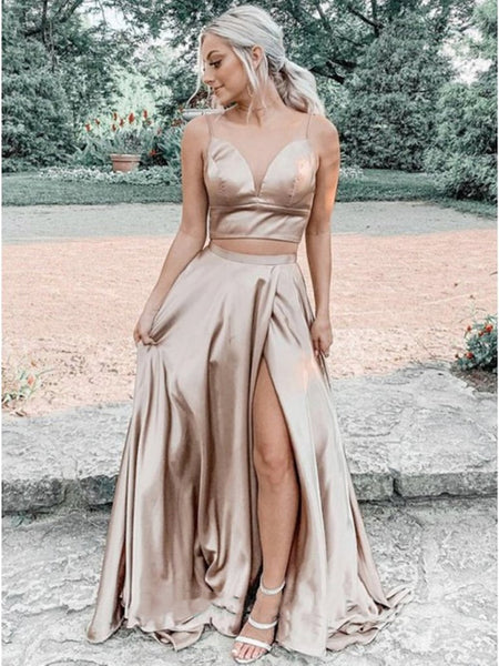 A Line V Neck Champagne Two Pieces Prom Dresses, 2 Pieces Champagne Long Formal Evening Dresses