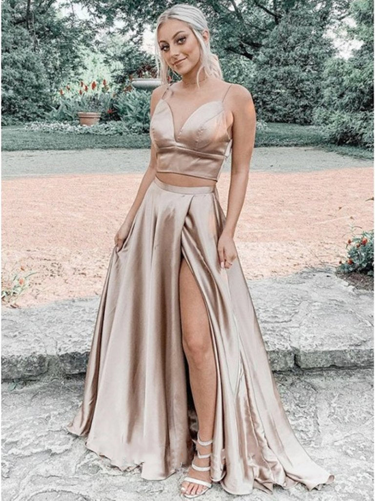 A Line V Neck Champagne Two Pieces Prom Dresses, 2 Pieces Champagne Lo jbydress A Line V Neck Champagne Two Pieces Prom Dresses, 2 Pieces Champagne Lo jbydress