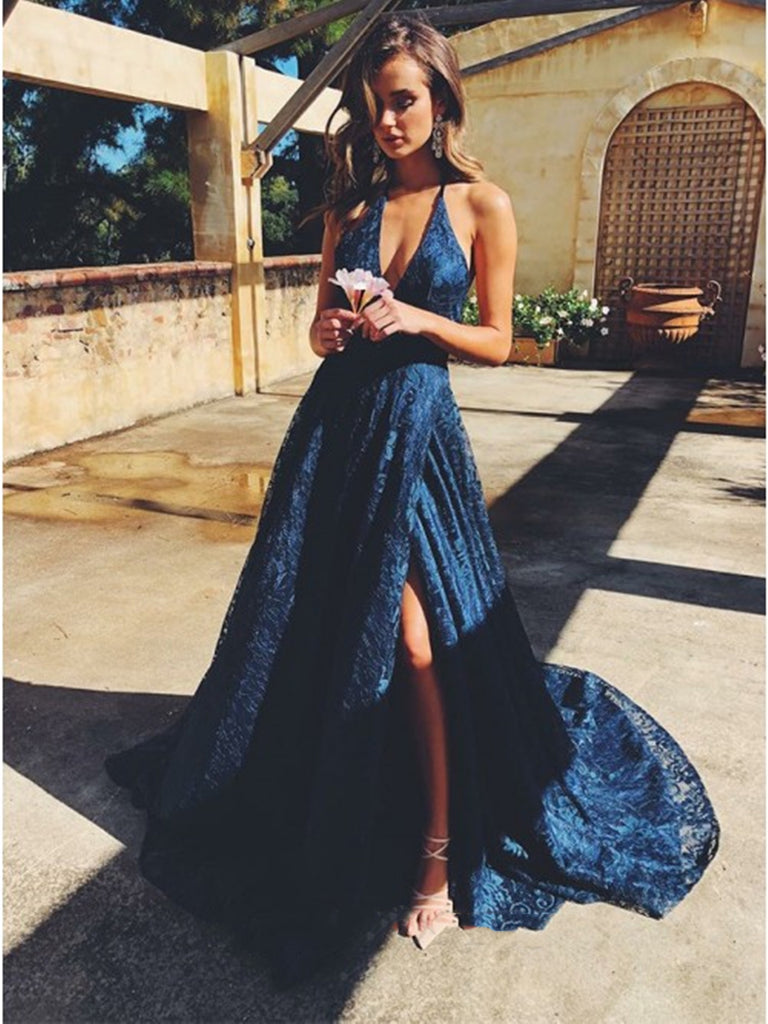 A Line V Neck Dark Navy Blue Lace Prom Dresses, Dark Navy Blue Lace Fo jbydress A Line V Neck Dark Navy Blue Lace Prom Dresses, Dark Navy Blue Lace Fo jbydress