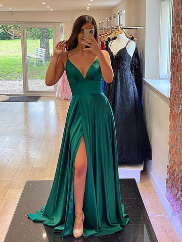 V Neck Emerald Green Prom Dress with Train, V Neck Dark Green