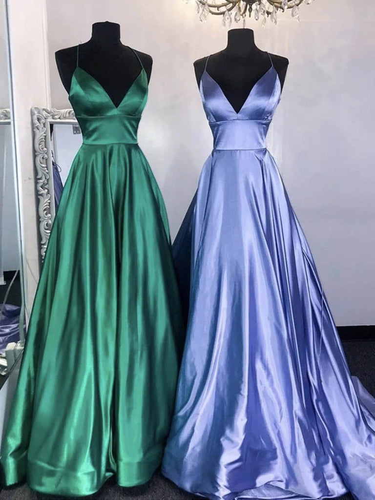 A Line V Neck Green/Blue Long Prom Dresses, Green/Blue Long Formal Evening Dresses