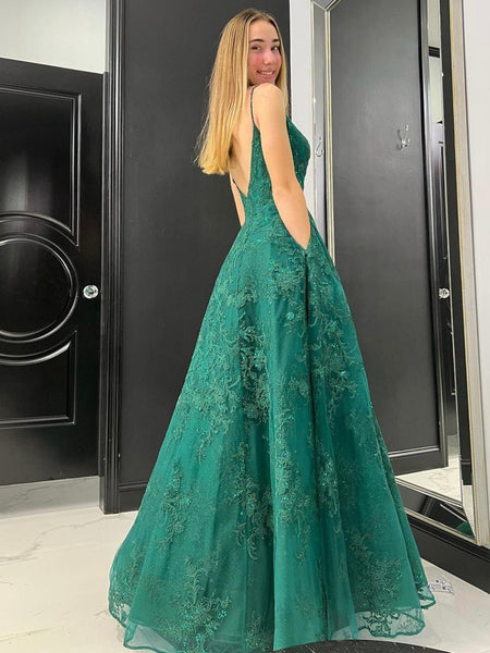 A Line V Neck Green Lace Tulle Prom Dresses, Green Lace Formal Graduation Dresses