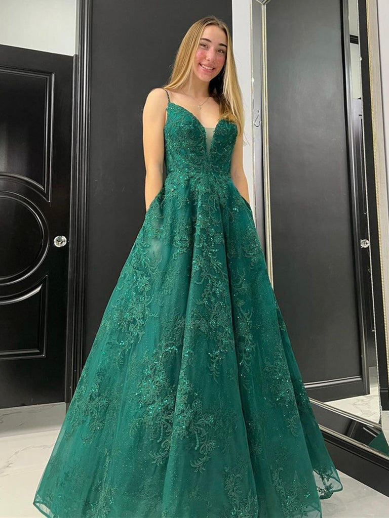 A Line V Neck Green Lace Tulle Prom Dresses, Green Lace Formal Graduat jbydress A Line V Neck Green Lace Tulle Prom Dresses, Green Lace Formal Graduat jbydress