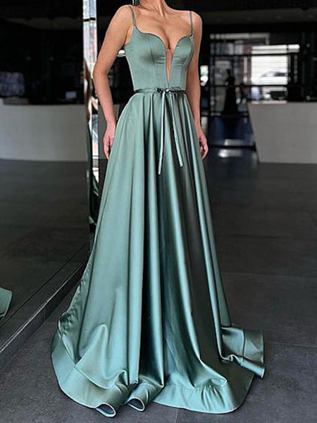 A Line V Neck Green Long Prom Dresses, Green Long Formal Evening Dresses