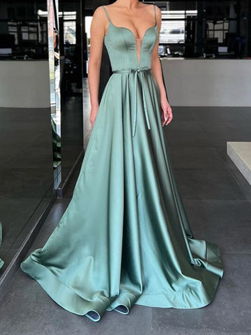 A Line V Neck Green Long Prom Dresses, Green Long Formal Evening Dresses
