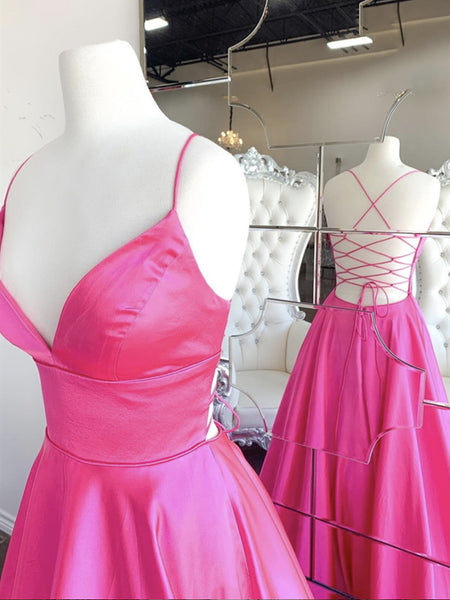 A Line V Neck Hot Pink Long Prom Dresses, V Neck Hot Pink Long Formal Evening Dresses