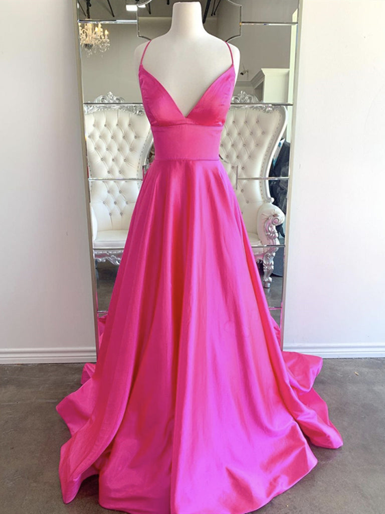 hot pink a line dress Simple A Line Satin Split Hot Pink Prom Dress Party Dress PSK045