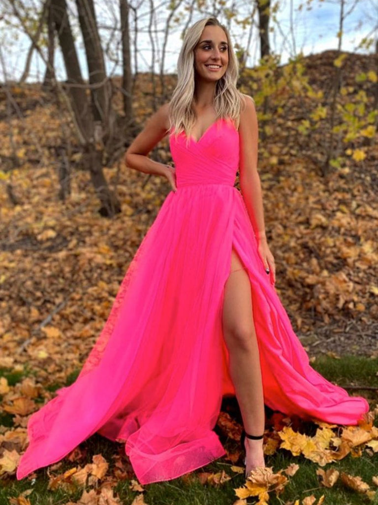 A Line V Neck Hot Pink Long Tulle Prom Dresses, Hot Pink Tulle Formal jbydress A Line V Neck Hot Pink Long Tulle Prom Dresses, Hot Pink Tulle Formal jbydress