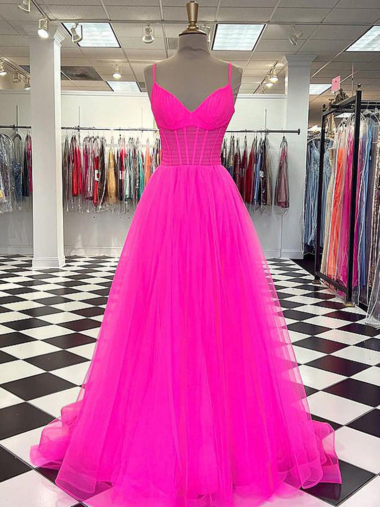 A Line V Neck Hot Pink Tulle Long Prom Dresses, V Neck Hot Pink Tulle – jbydress